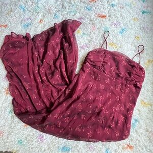 90s VTG Dark Red Rose Print Long Dress - Sheer+Metallic Overlay, Ruched Bodice